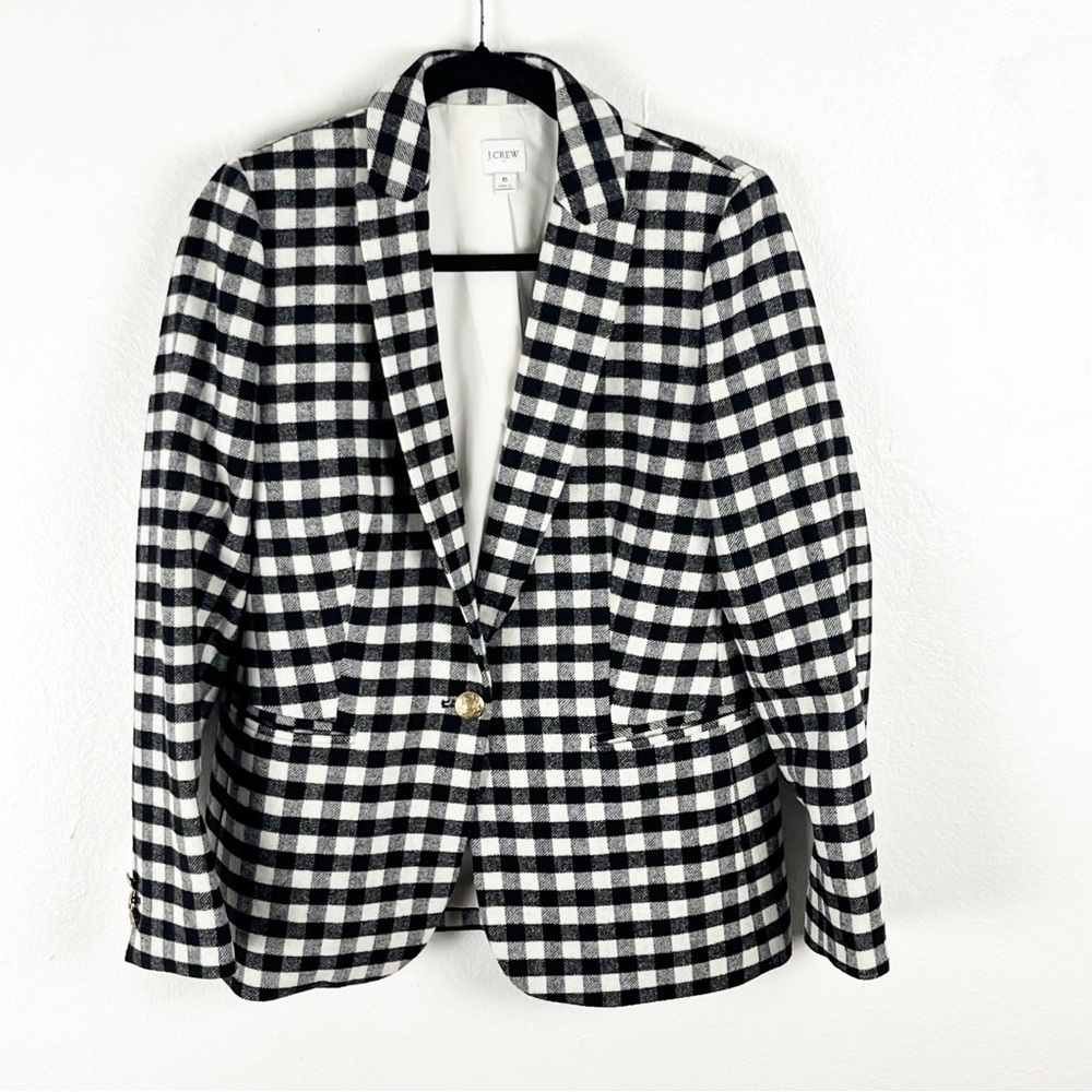 J. CREW Factory Wool Blend Black White Buffalo Check One Button Blazer, Size 6